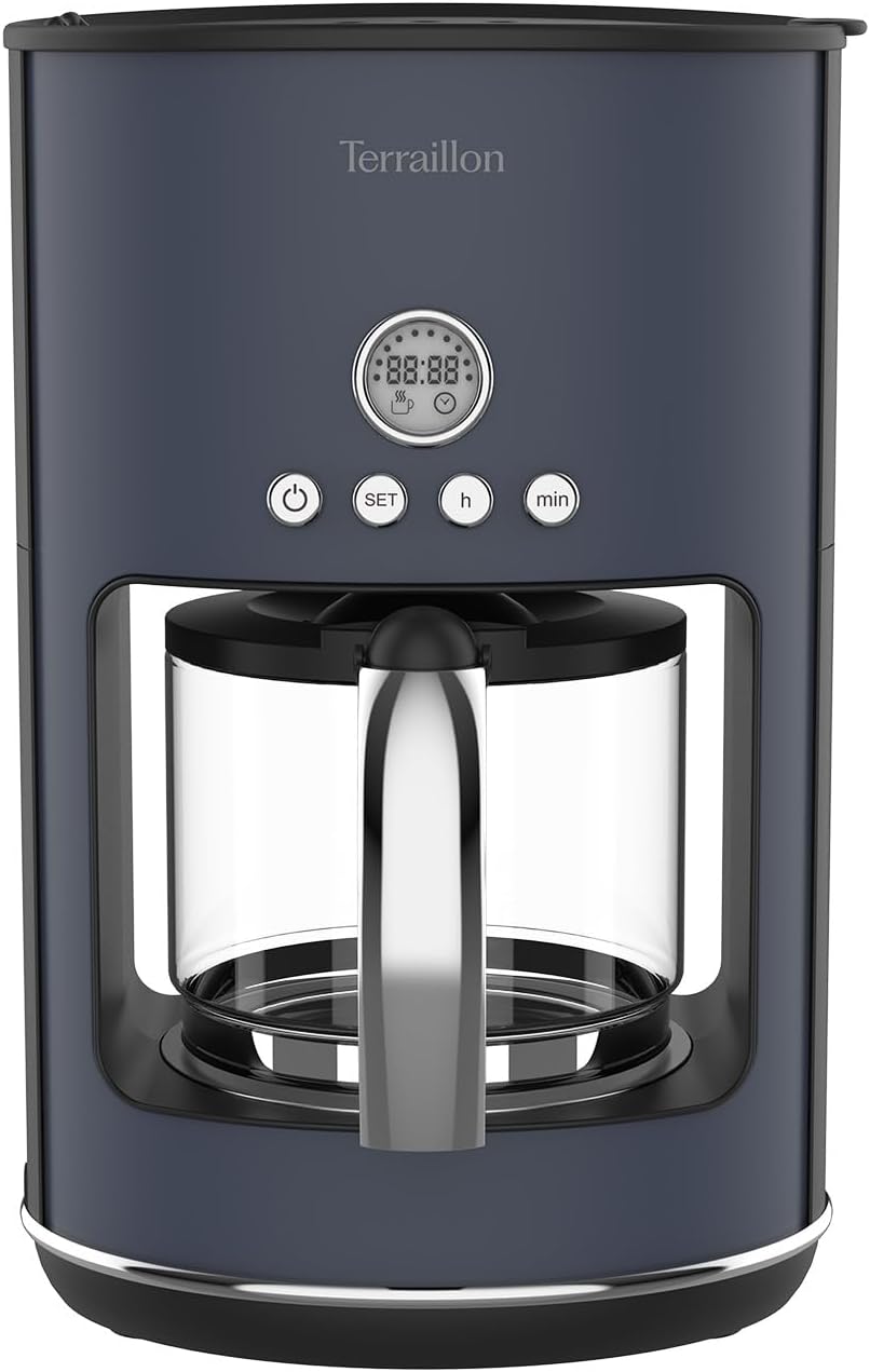 Terraillon New Moon cafetière filtre électrique programmable verseuse verre 1080W 1.25L maintien chaud anti-goutte inox peint bleu