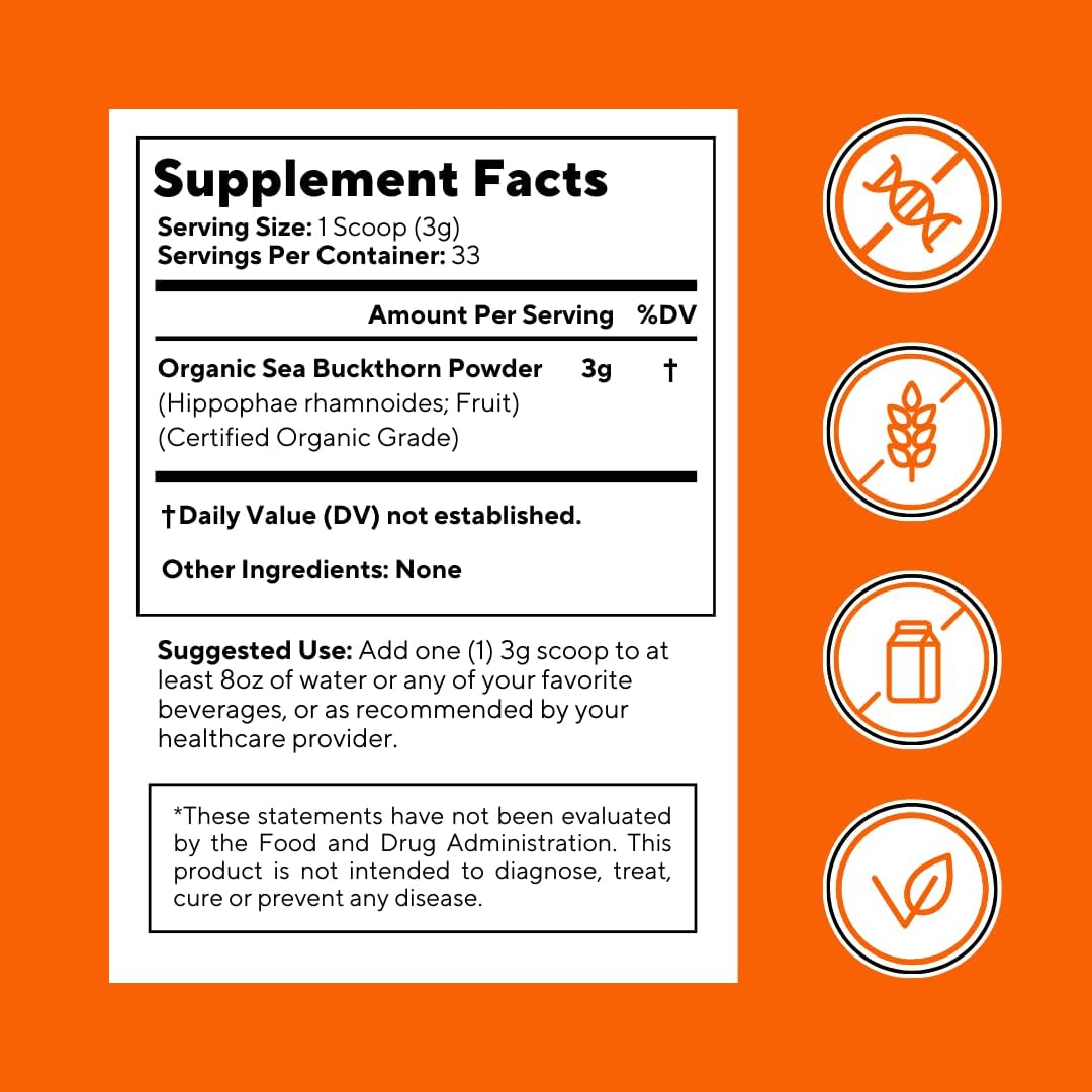 Organic Sea Buckthorn Extract Powder with Natural Omega 7 & Omega 3 6 9 for Heart Health, Skin, Immune Support - 100g Powder Supplement & 33 Day Supply - Non-GMO, Gluten-Free, Vegan-Friendly