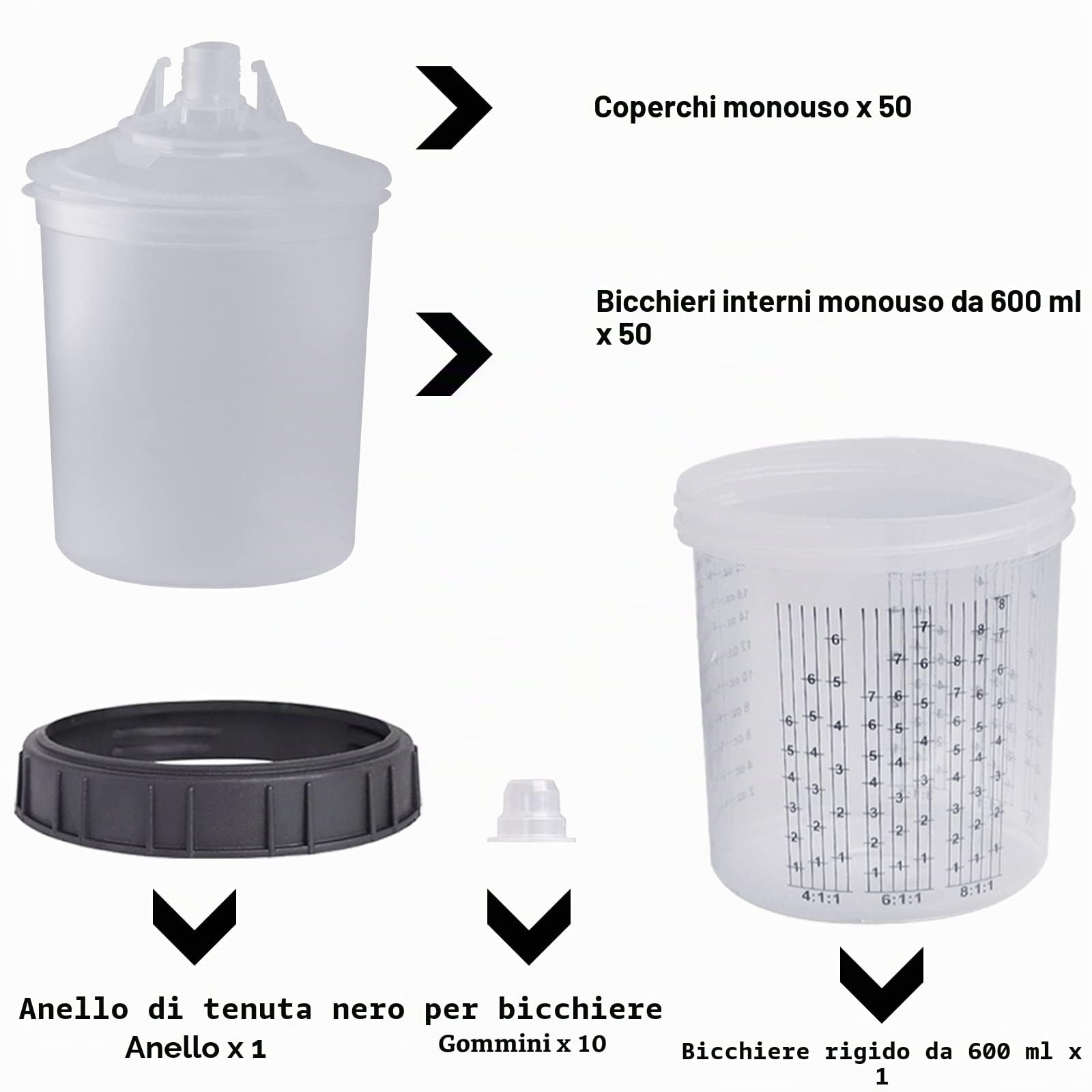 Coppa Miscelatrice per Vernice Monouso per Pistola Vernice Automobilistica, Pistola a Spruzzo per Vernice HVLP 20 Once (600 ml) con Sistema di 50 Tazze e Coperchi