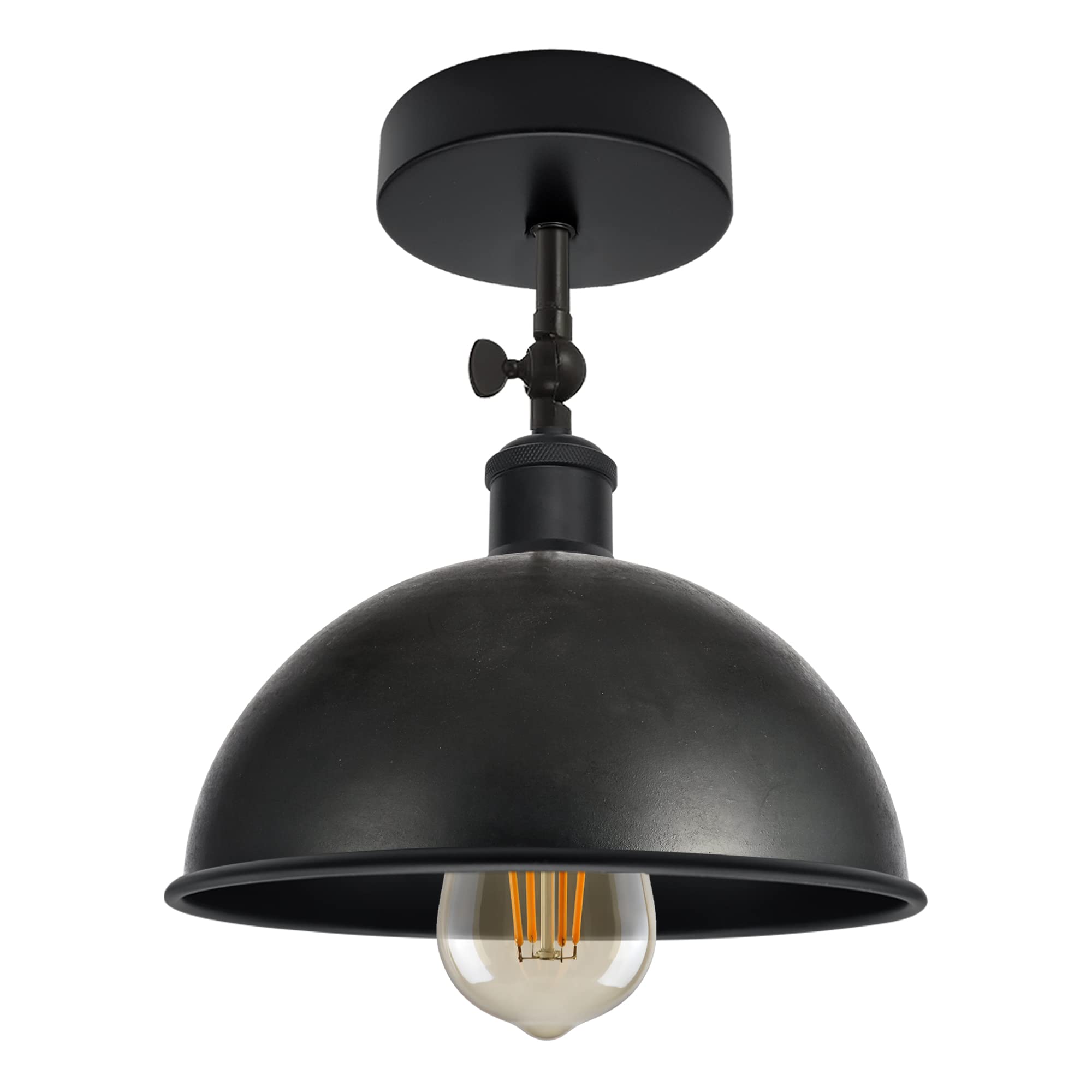 LEDSone Industrial Ceiling Flush Mount Light Fixture, Vintage Black with Bulb 180 Degree Adjustable E27 Base Socket Vintage Style Unique Shape Ceiling Mounted Light Fitting (Dome + Bulb)