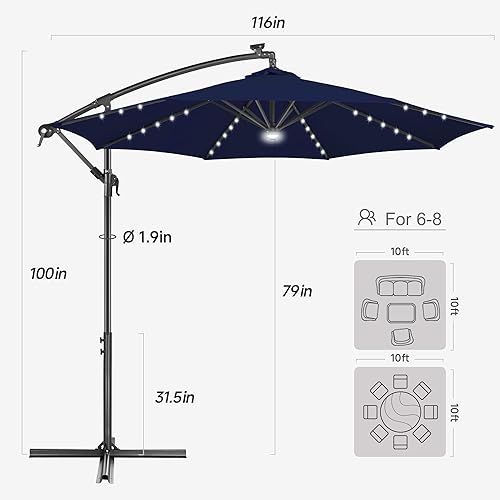 Miniatura 2 de FLAME&SHADE Paraguas solar voladizo de 10 pies con 40 luces LED, paraguas grande iluminado para patio al aire libre, 8 varillas resistentes,