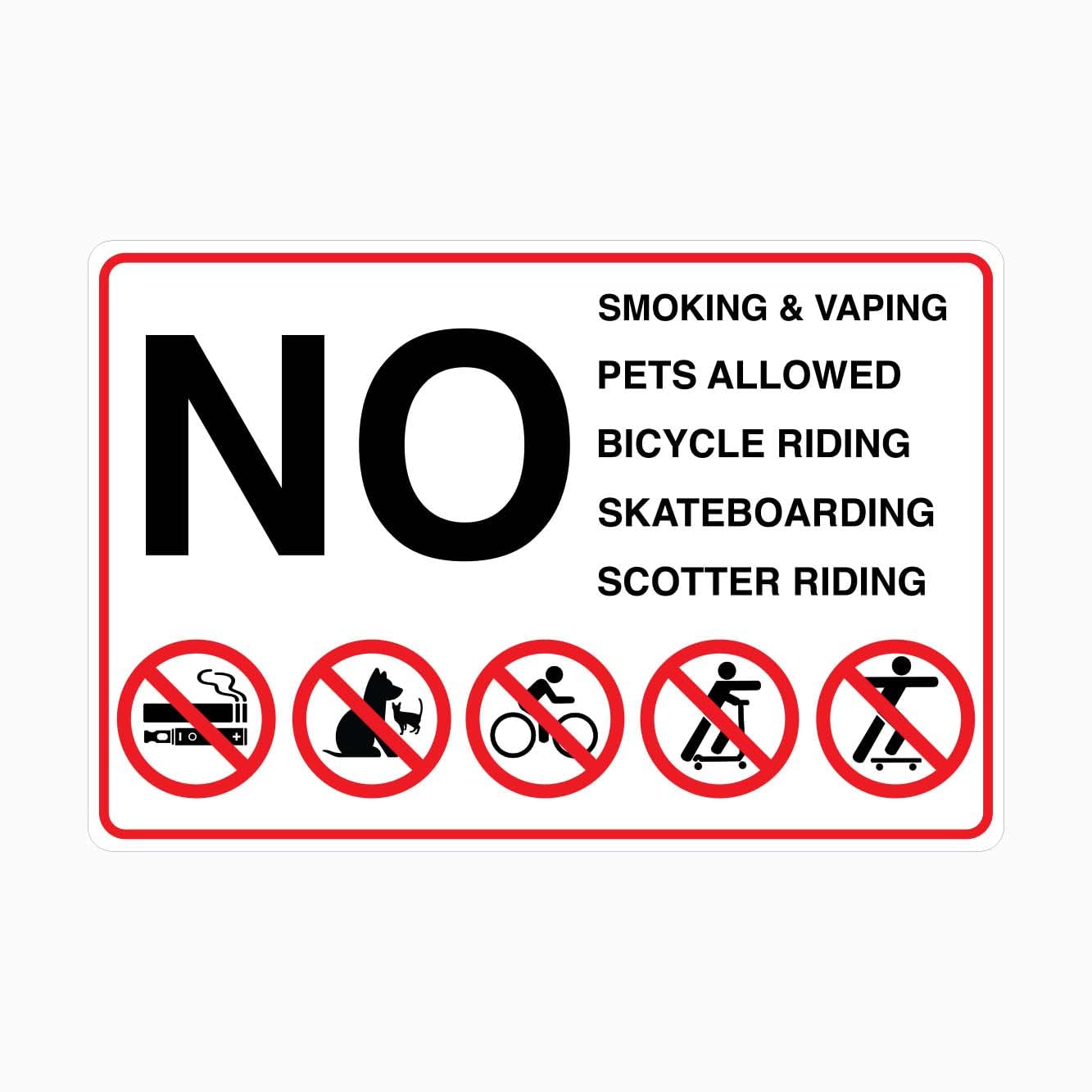 Multi-Rules Sign L9514, No Smoking Vaping Pets Bicycles Skateboards, 12x8 Inch School Safety Sign