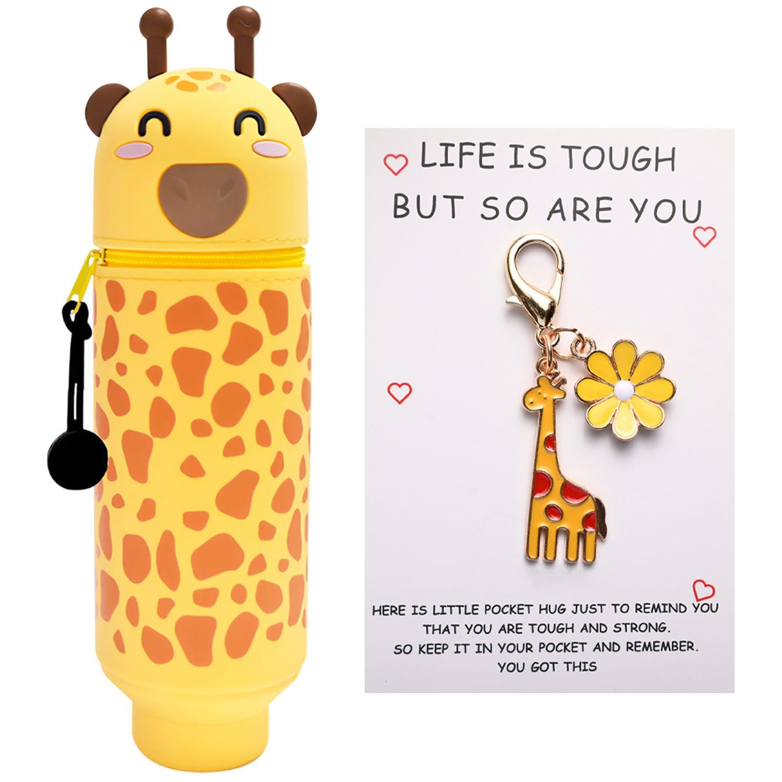 Rnfksu Yellow 1 Piece Of Giraffe Pen Holder And 1 Pendant With Card, Cute Cartoon Animal Pen Holder, Learning Stationery Storage Box, Vertical Retractable Desktop.