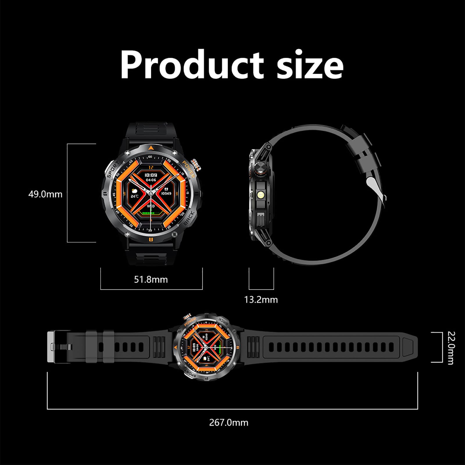 Smart Watch, Outdoor Smart Sports Watch, GPS Men Fitness Smartwatches con Schermo IPS da 1,53 Pollici E Torcia LED, Funzione Bussola, Resistenza all'Acqua P68 per Android E iOS