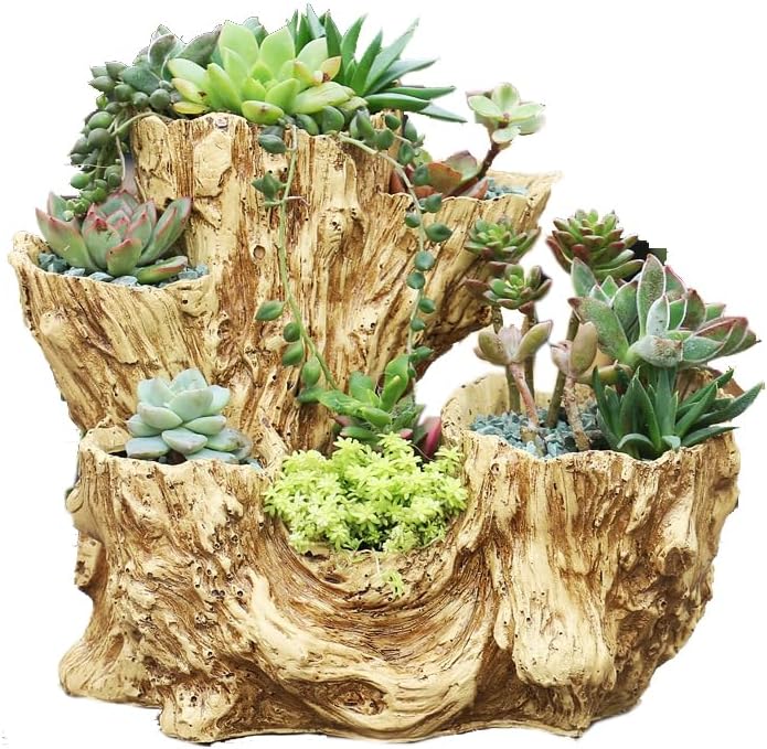 Driftwood Planter Faux Wood Resin Succulent Planter Vintage Artificial Stump Log Like Container Pot for Home&Garden NO Plants (6 Openings)