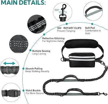 Hands Free Dog Leash with Pouch, Black/Olive Green