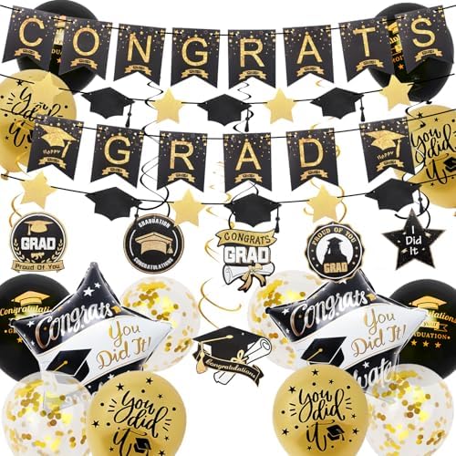 Graduation Decorations Class of 2025, 12Pcs Black and Gold balloons with Swirl and Garland Congrats Grad 2025 Banner for College High School Graduation Party Supplies Graduation Decorations Class of 2025, 12Pcs Black and Gold balloons with Swirl and Garland Congrats Grad 2025 Banner for College High School Graduation Party Supplies