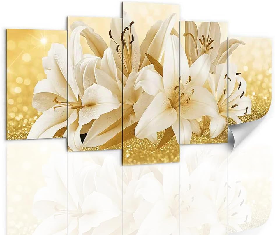 Canvas Wall Art Set of 5, Beige Gold Floral Wall Decor for Living Room Bedroom, Modern Minimalist Botanical Canvas Prints, Large Multi Panel Wall Painting Home Decoration Artwork (Unframed)