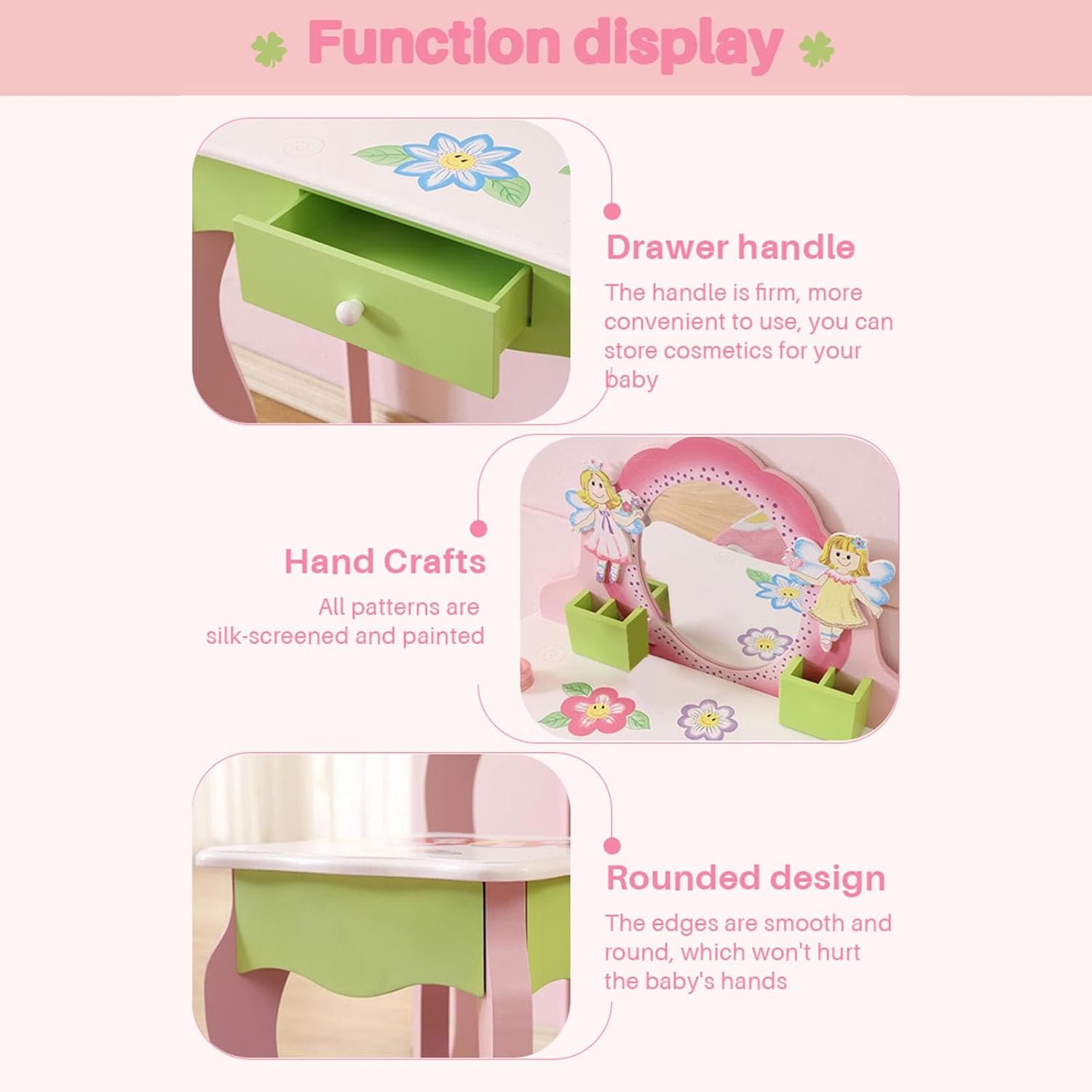 Kids Vanity Set, Wooden Princess Play Makeup Table with Unbreakable Acrylic Oval Mirror and Storage Drawer, with Anti Tip Device for Girls Age 3 and Up