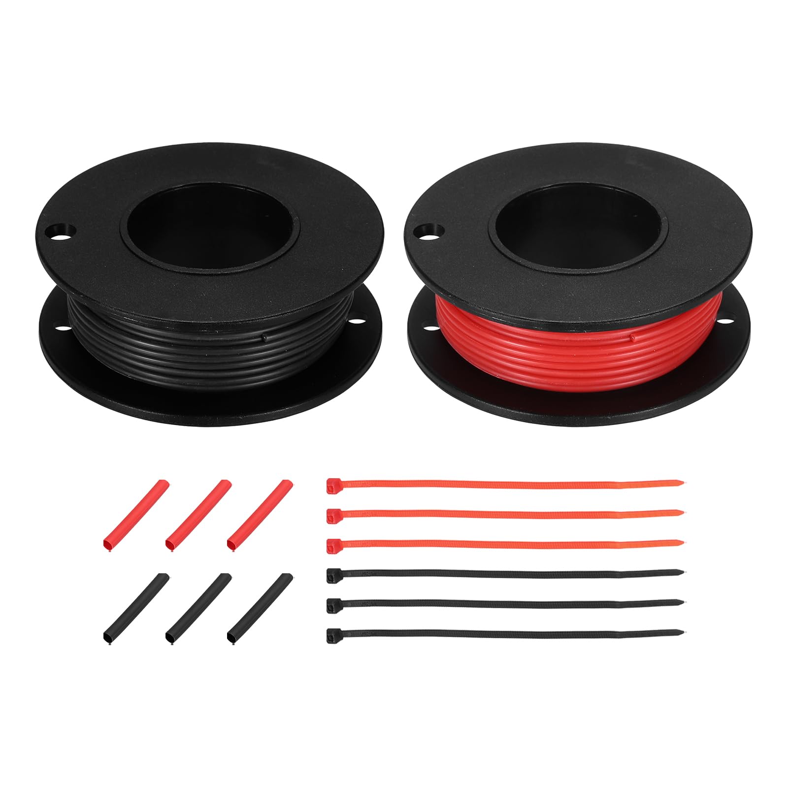 sourcing map 2pcs 28 AWG Silicone Electrical Wire Spool, 28 Gauge 9.1m/30ft Tinned Copper Electrical Wires with Heat Shrink Tubing & Cable Ties for Automotive, RV Inverter - Red & Black
