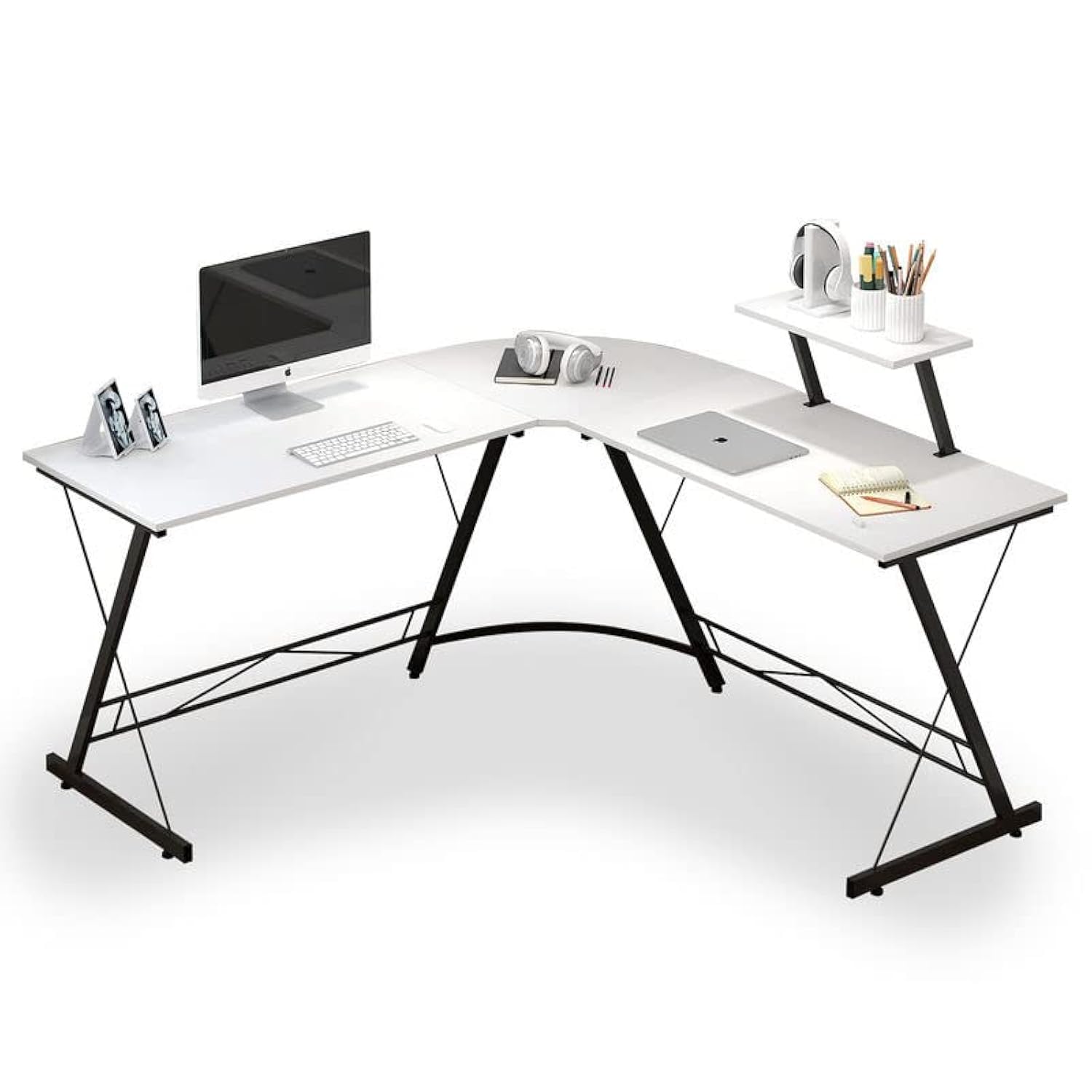 L Shaped Gaming Desk Computer Corner Desk, Gaming Table with Large Monitor Stand for Home Office, Sturdy Writing Workstation, Gaming Desk with Shelf, Space-Saving, White