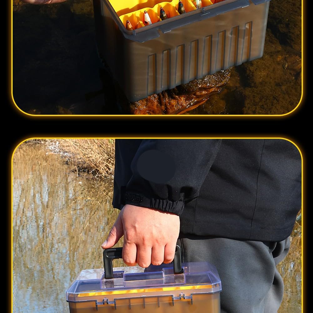 Caja de aparejos de pesca de 24 rejillas con base impermeable, contenedor compacto de ABS con separadores ajustables y asa para almacenamiento de pulpos, color amarillo