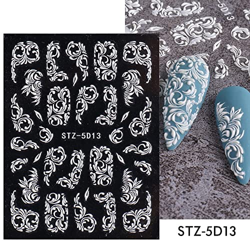 Flower Lace Nail Art Sticker Decals 5D Embossed White Wedding Design Nail Art Supplies Flower Lace Self-Adhesive Nail Art Decorations Charms French Manicure Decor Sliders,4 Sheets #TOP2