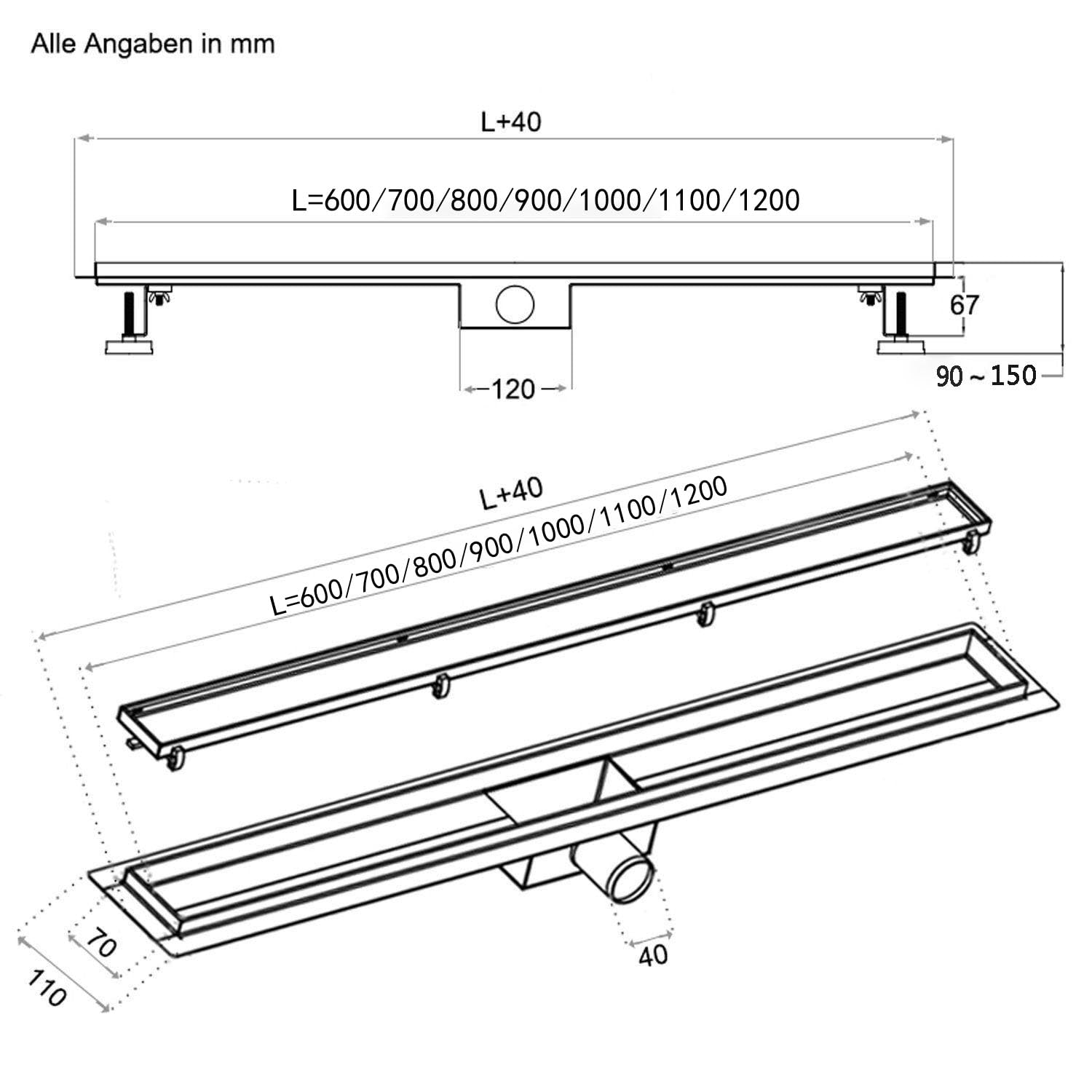 Aica Caniveau de Douche Italienne en Acier Inoxydable avec Siphon Sol D'évacuation Argenté Rectangle 90 cm Modèle E/C - Pose à Plat