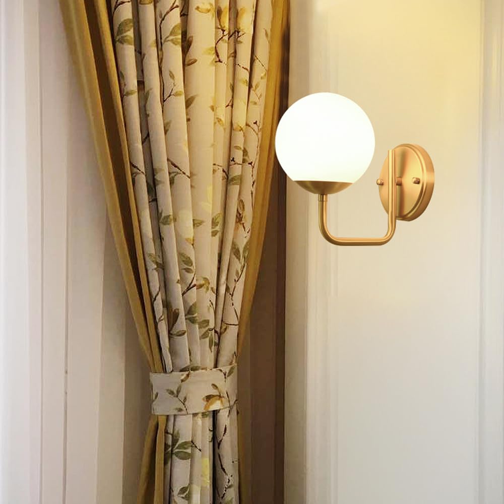 French Minimalist Style Copper Wall Light, E26 Base Flush Mount Lamp, Single Head Glass Lampshade, Bedside, Living Room Hallway Mounted Fixtures