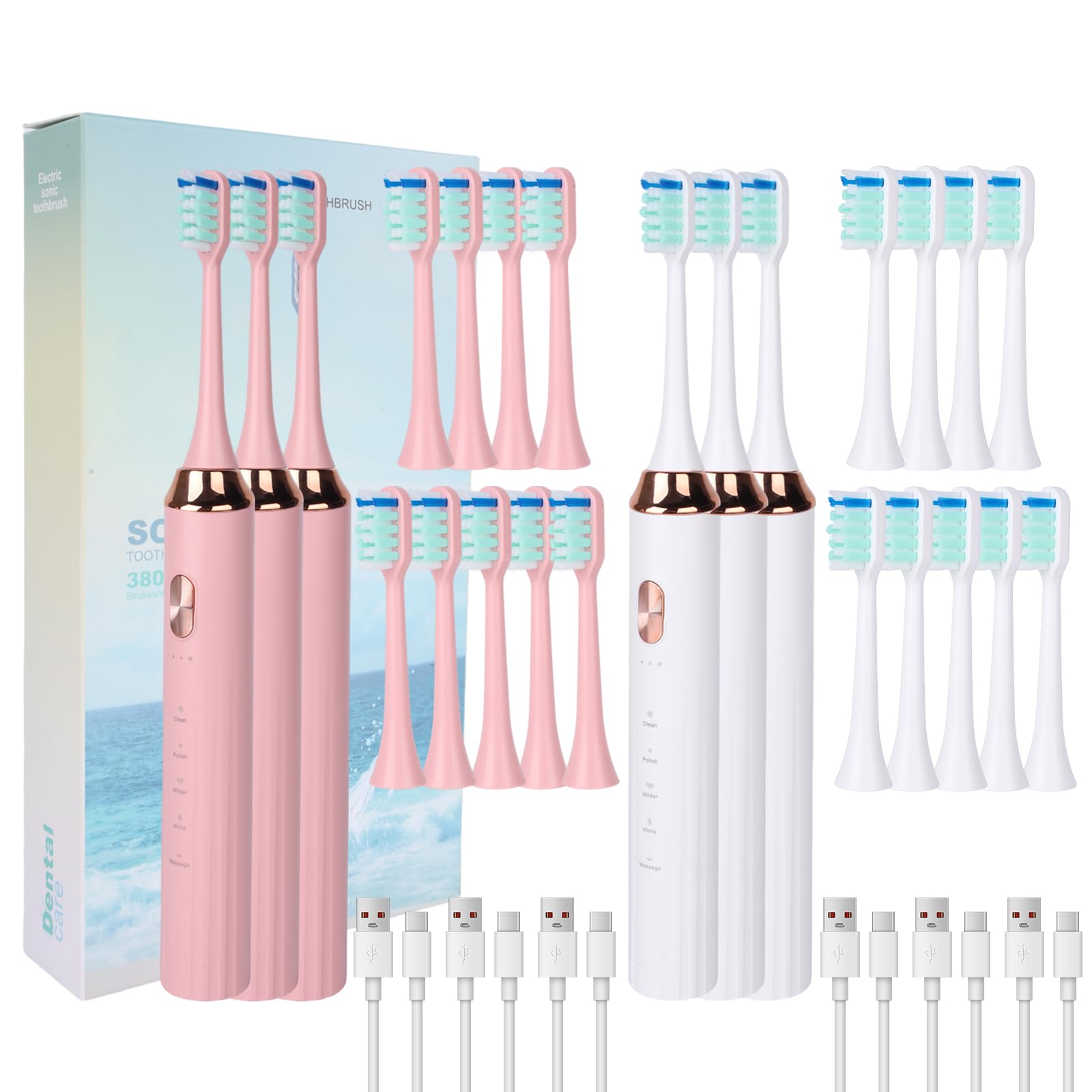 Sonic - Paquete de 6 cepillos de dientes eléctricos para adultos y niños, incluye 18 cabezales de cepillo de dientes de repuesto, 5 modos con temporizador inteligente de 2 minutos