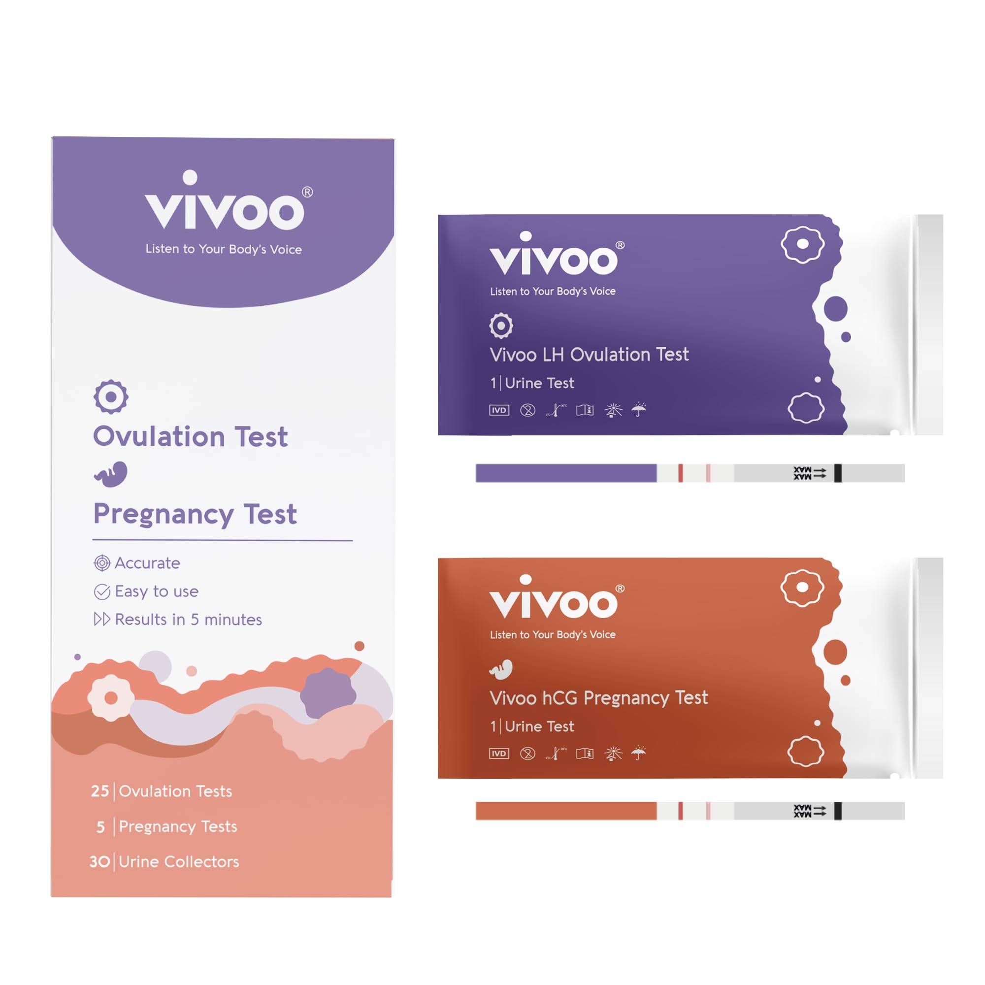 Vivoo Ovulation and Pregnancy Test Kit: Track Your Cycle and Test Results with Vivoo App, Includes 25 Individually Wrapped Ovulation (LH) Tests, 5 Pregnancy (HCG) Tests with 30 Cups