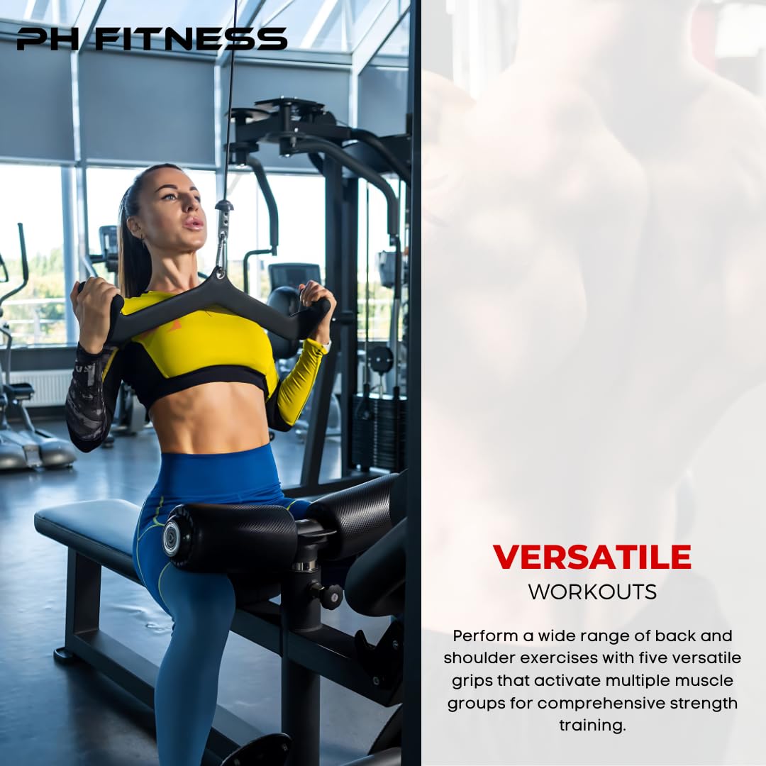 PH Fitness Zestaw Uchwytów do Wyciągu – 5 i 7 Akcesoria do Atlasu i Treningu Pleców – Drążek Lat Pulldown z Opcjonalnym Stojakiem – Gryf na Siłownię (Multigrip Set - 5)