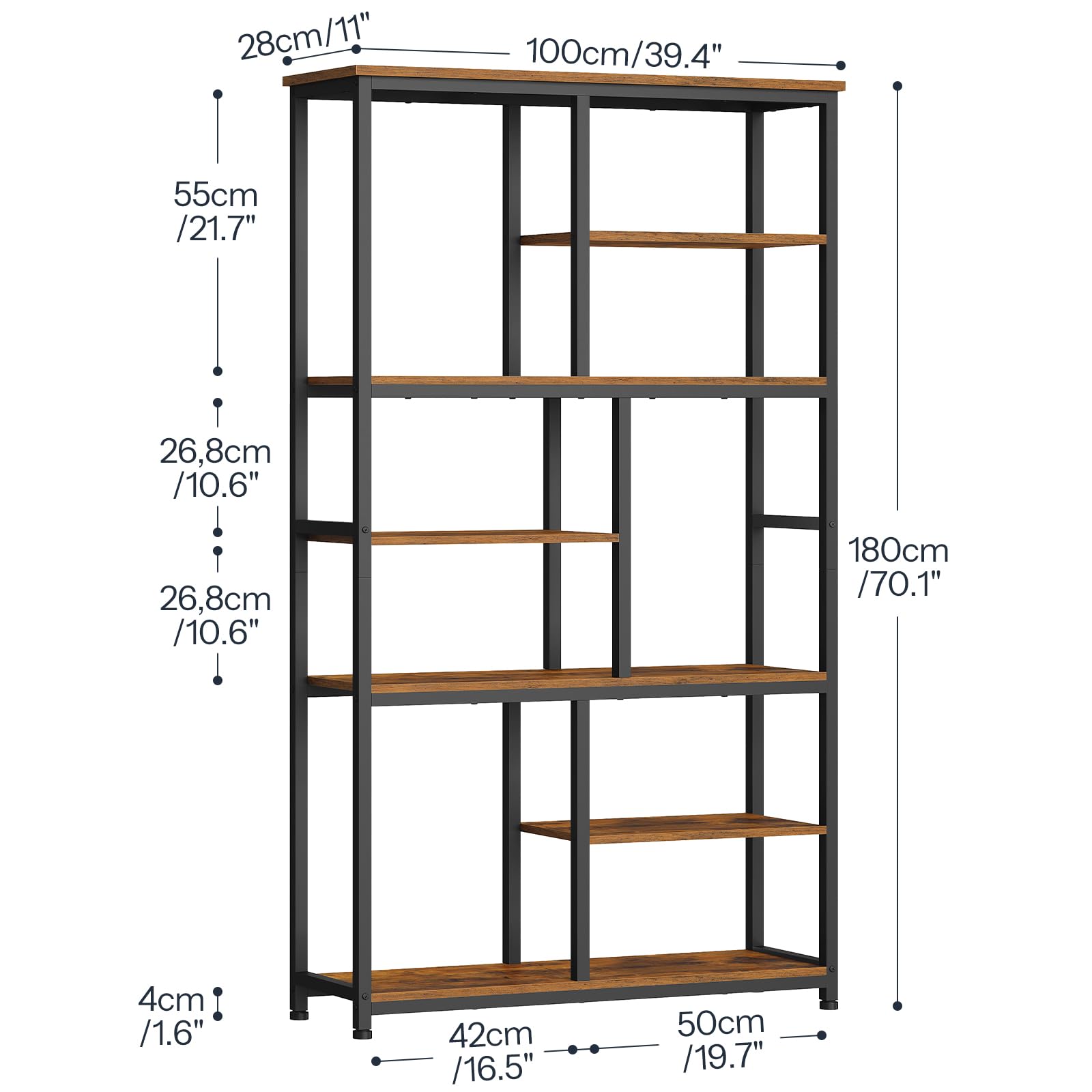 HOOBRO Librería de 7 Niveles, Estantería Abierta con 4 Patas Ajustables, Librería de Aglomerado y Estructura Metálica, para Salón y Despacho, 100 x 28 x 180 cm, Marrón Vintage y Negro EBF06SJ01