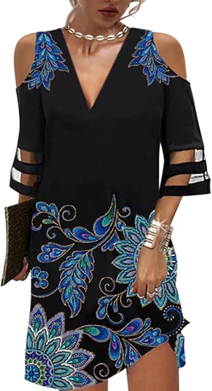 Minetom Femmes Col V Robe Tunique Élégant Plage Soirée Fête Cocktail Mini Shirt Robe