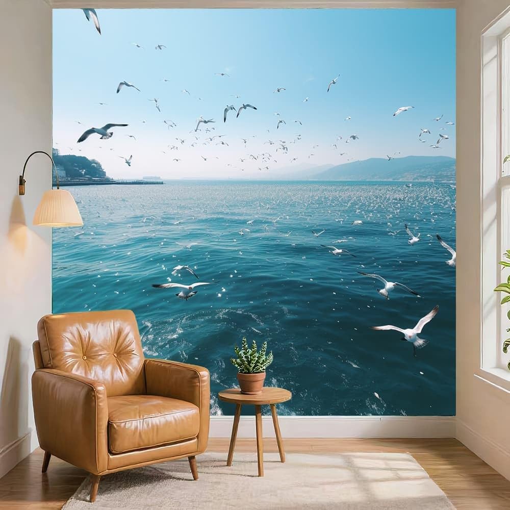 Odporna na wilgoć fototapeta 400 x 280 cm, zwierzęta morskie i ptaki, tapeta ścienna, tapeta ścienna, niebieska, do salonu, korytarza, nowoczesne wzornictwo, obraz ścienny, dekoracja ścienna