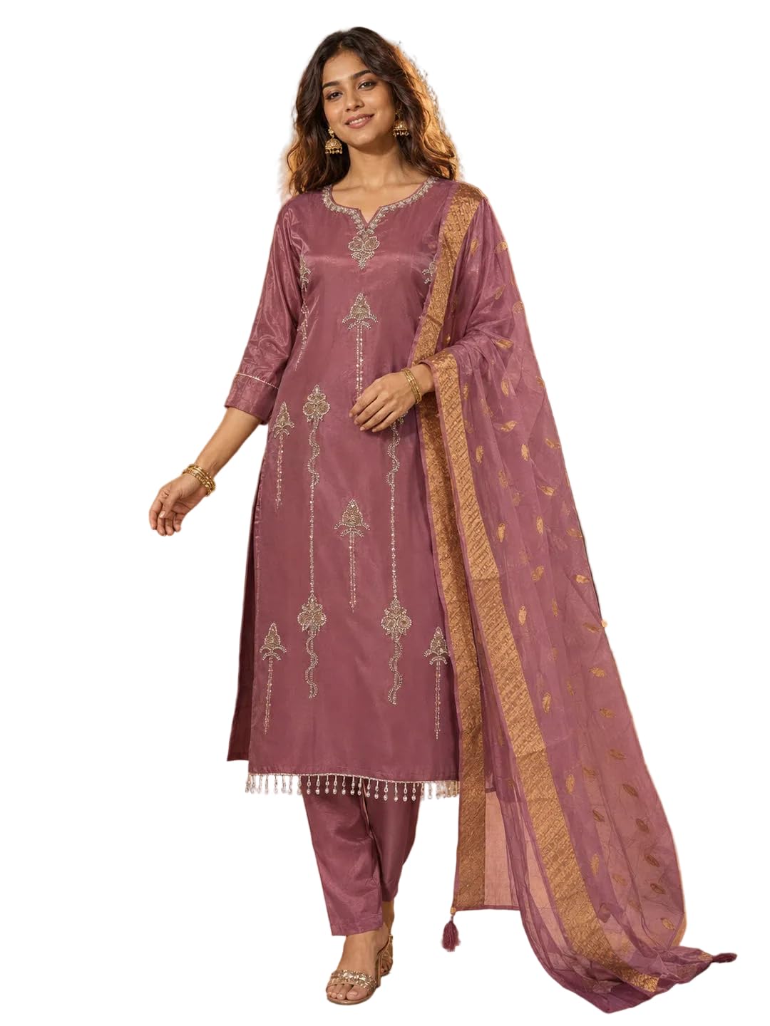 Women Pink tissue shimmer Hand & sequinned Embroidered Kurta with pant & Dupatta-image-42