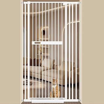 WAOWAO 55.11" Extra Tall Cat Pet Gate 42.91-45.66" Wide Pressure Mounted Walk Through Swing Auto Close Safety White Metal Kids Dog Pet Puppy Cat for Indoor Stairs,Doorways, Kitchen