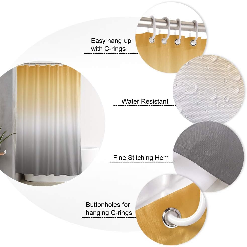 Ombre Texture Shower Curtain for Bathroom, Gradient Mustard Yellow to Greyish White Bath Curtain, Gradient Color Shower Curtain with Hooks Polyester Waterproof Home Bathtub Decor, 72 x 78 Inch