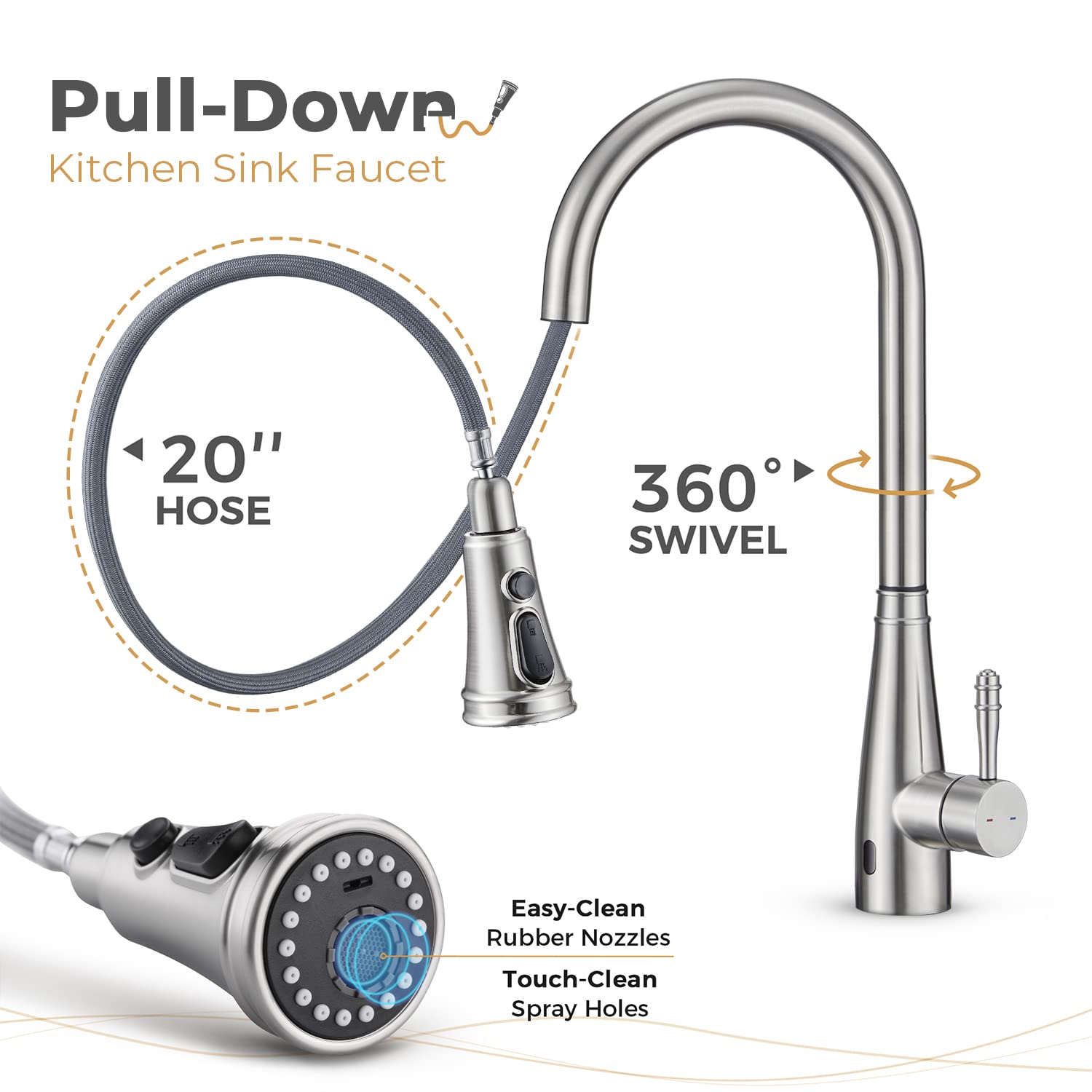 Grifo de Cocina Touchless con Ducha Extraíble, Grifos Cocina Smart 360° Giratorio, Grifo Monomando de Alta Presión, Grifo Fregadero con 3 Modos, 304 Acero Inoxidable