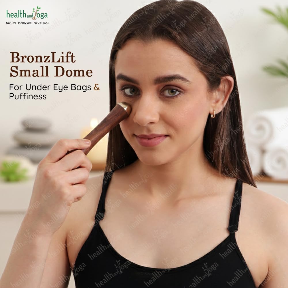 HealthAndYoga™ BronzLift Kansa Wand - Both Side Bronze Cap - Added Beauty Face Oil Vial - Ayurveda Face Yoga Beauty Tool - Facial, Neck & Under-Eye Massage – Toning and Sculpting (Double Dome)