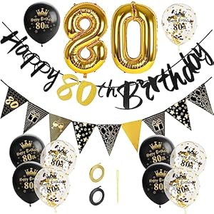 GoldRock Verjaardagsdecoratie voor mannen en vrouwen, decoratie voor verjaardag, man 80, ballon met 80ste verjaardagsbanner, folieballon, cijfer 80, cadeaus voor de 80e verjaardag, ballonset zwart-goud, jaren 80 decoratie