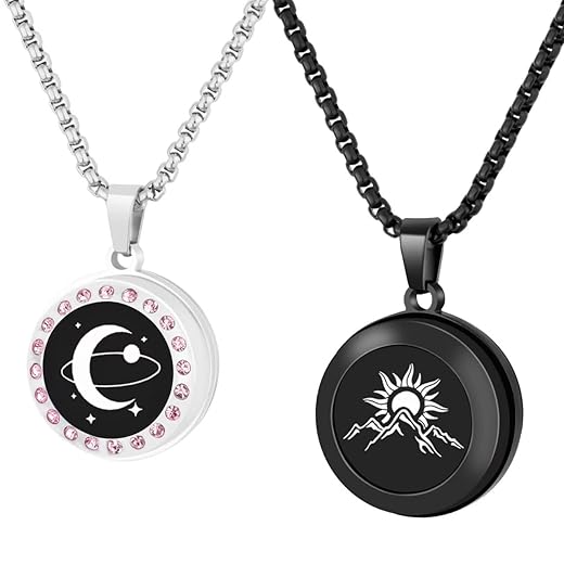 Long Distance Touch Necklaces,Vibration & Light up Remote Smart Matching Couples Necklace for Couple Long Distance Relationship Girlfriend Boyfriend Valentine's Day Xmas Gifts Black Silver Jewelry Set