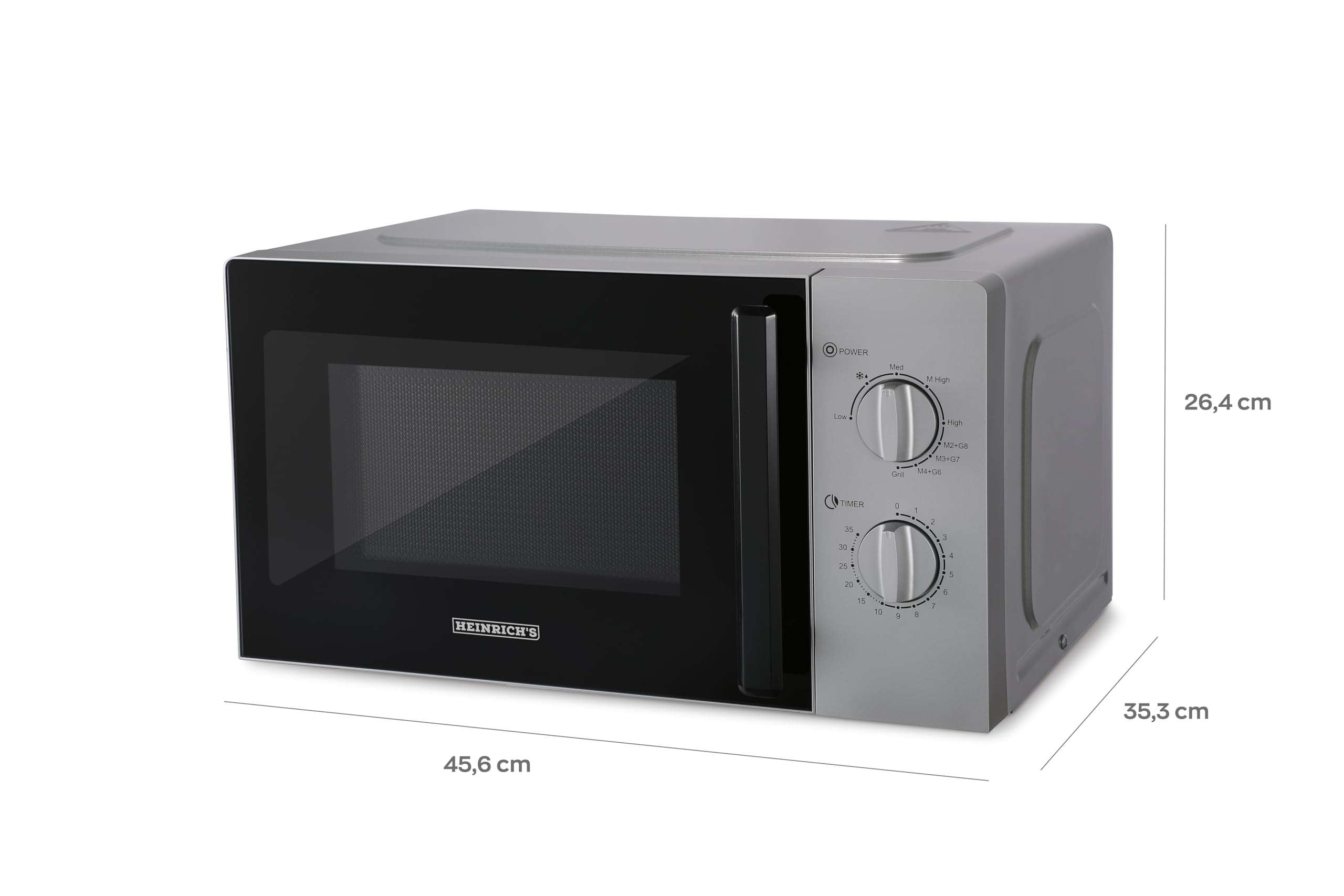 HEINRICHS Mikrowelle, kompakte Mikrowelle, 20L Volumen, 9 Leistungsstufen, inkl.35min.Timer, Defrost Funktion, Innenraumbeleuchtung,360°Drehteller, mit Grillfunktion,1000W Leistung, Heinrich´s(silber)