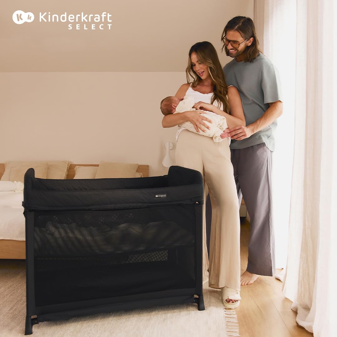 KINDERKRAFT Moon Dream, Lit de Voyage de la Naissance jusqu'à 3 Ans, lit superposé pour bébé, se Plie Rapidement d'une Seule Main, Matelas et Sac de Transport Inclus, Nettoyage Facile, Noir