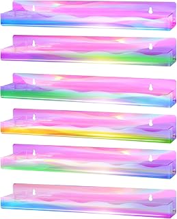 FFowcye 6 Packs Acrylic Nail Polish Organizer Wall Mounted Rack, 15Inch Iridescent Nail Polish Floating Display Shelves for Wall, Holds Alcohol and Tattoo Inks Essential Oils Paint Polish Perfume.…