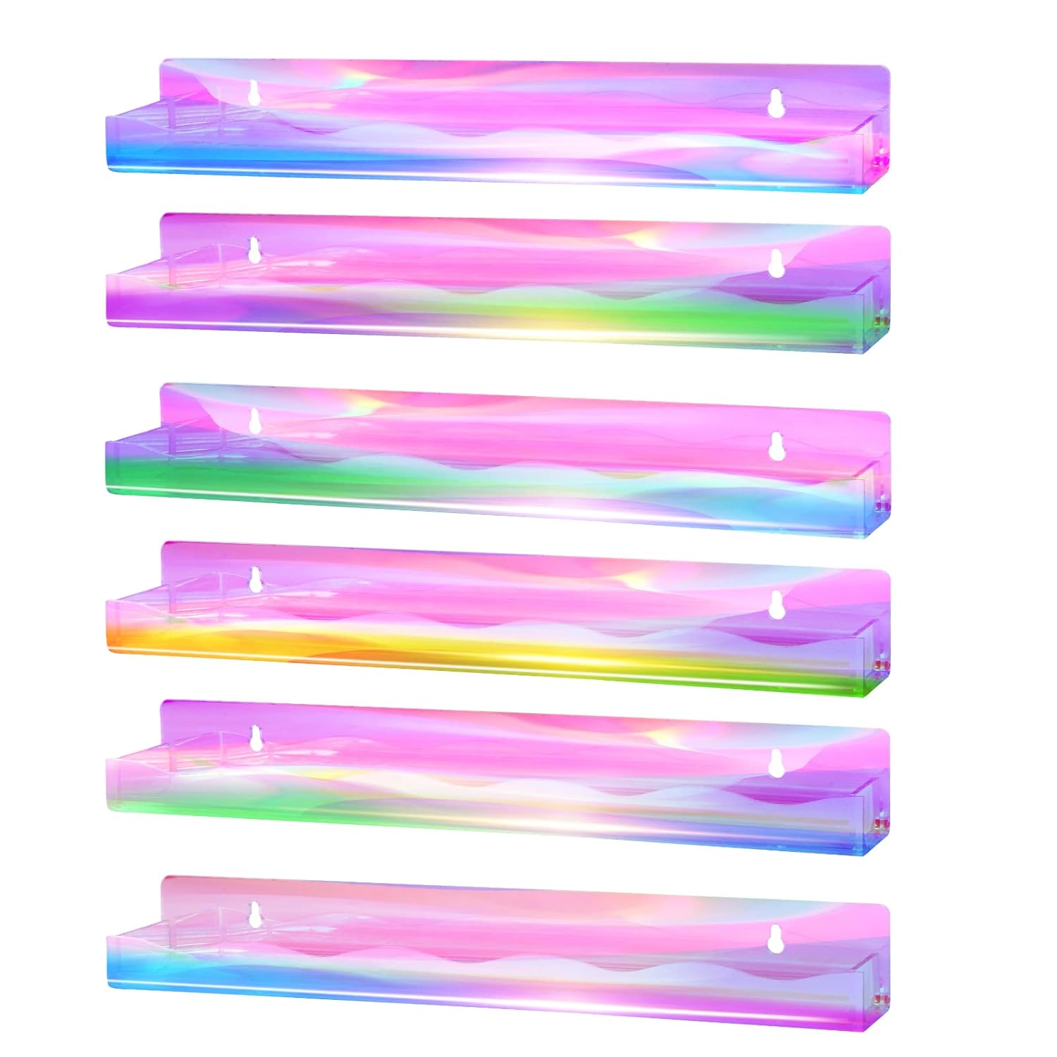 6 Packs Iridescent Nail Polish Wall Mounted Organizer, 15" Rainbow Floating Shelves, Acrylic Nail Polish Wall Rack for Paint, Tattoo Ink, Essential Oils, Makeup Storage Display Stand