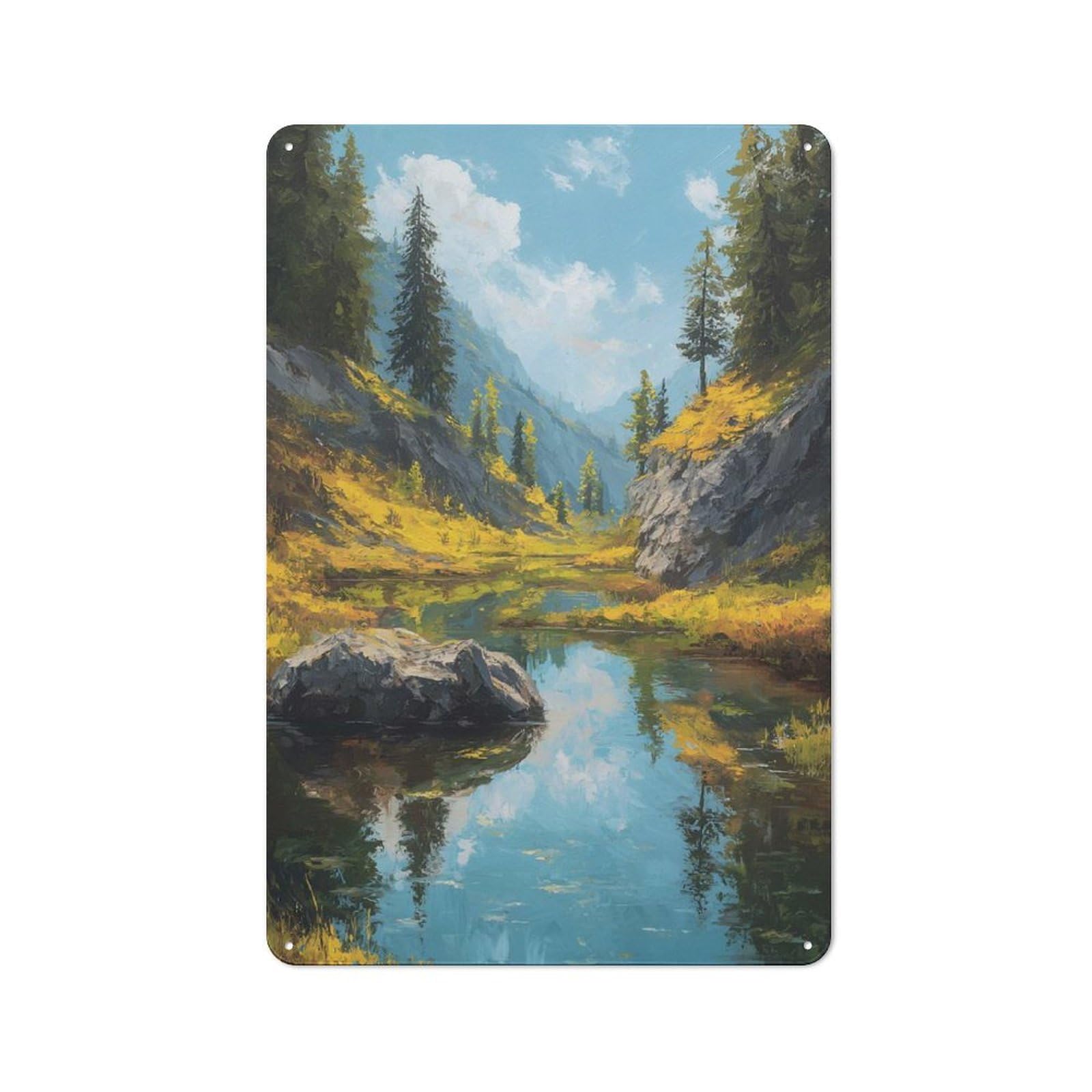 Junmoney Style-12 Workshop Style Mountain Lake Reflection Painting Tin Sign 30X20cm, Workshop Wall Decor For Tool Room, Garage, Studio Or Home Bar