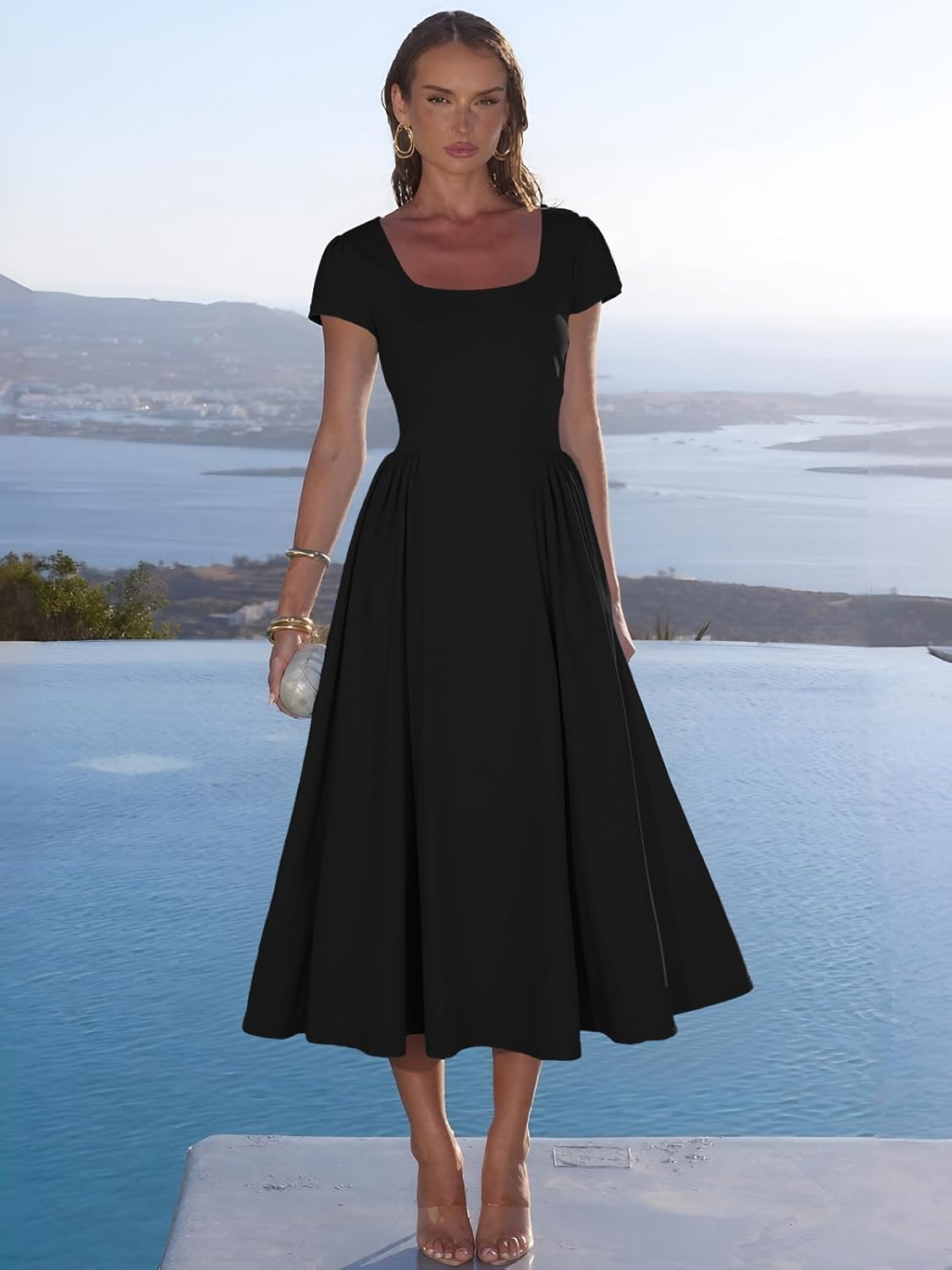 YUNDAI Women's Square Neck Midi Dress Short Sleeve Flowy A-Line Tie Back Dress - Image 6