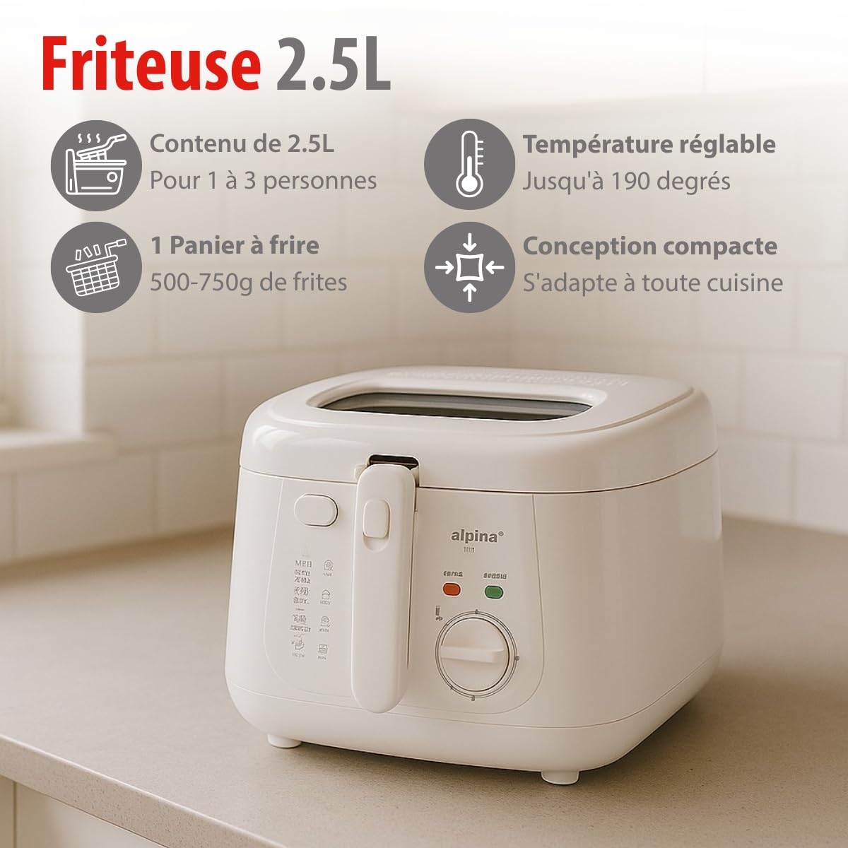 alpina Friteuse - Friteuse - 1800 Watt - 2,5 Litre - Jusqu'à 190ºC - Blanc