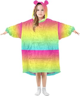 JUMBEAR Gradient Solid Color Wearable Blanket for Kids, Oversize Soft Flannel Blanket Hooded Sweatshirt with Pockets, Medium