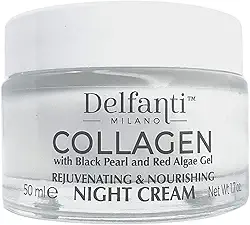 Delfanti-Milano • Creme noturno rejuvenescedor e nutritivo de colágeno • Hidratante para rosto e pescoço com pérola preta e gel de algas vermelhas • Feito na Itália