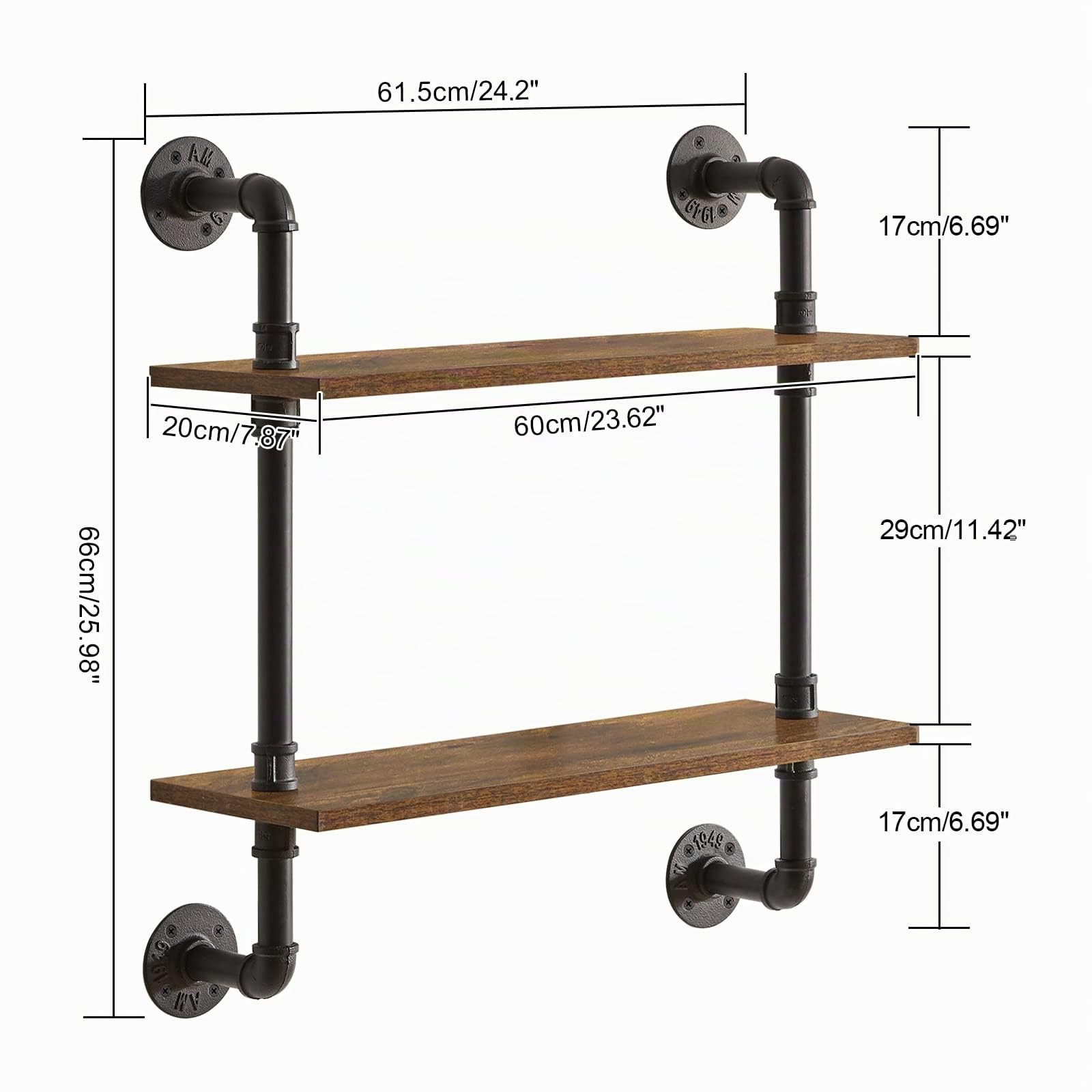 YMYNY Mensole da Muro, 2 Ripiani Industriale Scaffali Galleggianti, Montaggio Parete Libreria Scaffale, per Cucina, Ufficio, Bagno, Soggiorno, Camera da Letto, Marrone vintage, HD-HRF-TM004