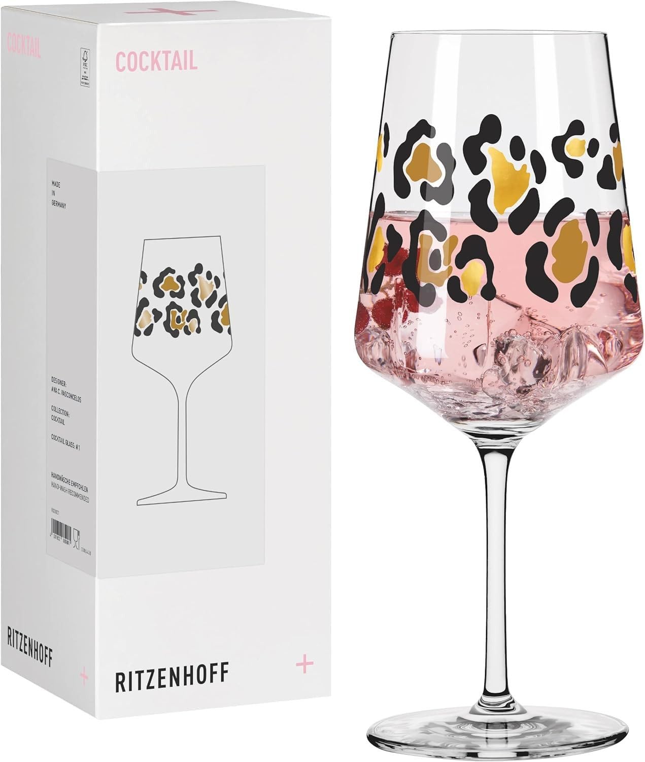 Dekomiro Set 4er Set 2 Cocktailgläser RITZENHOFF Leopardenmuster schwarz gold mit 2 Passenden Glastrinkhalmen