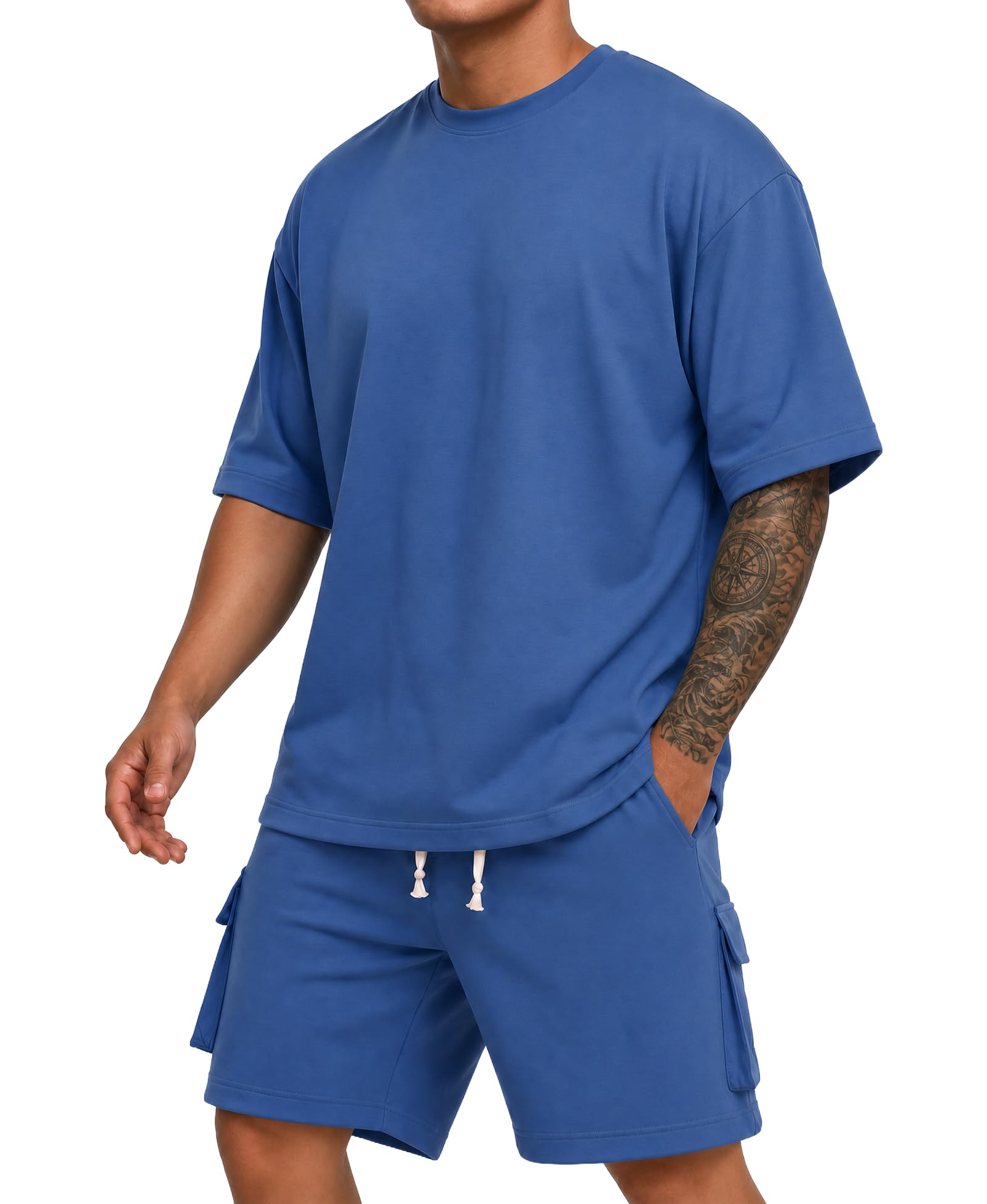 Husmeu Trainingsanzug Herren 2-teilig Sommer Streatwear Freizeitanzug – Einfarbig Kurzarm Rundhals T-Shirt + Shorts mit Kordelzug Jogginganzug Herren Set Casual Kurzarm Und Cargoshorts Zweiteiler