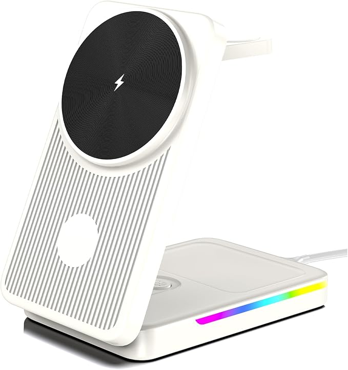 Wireless Charging Station for Apple Magsafe Charger, 3 in 1 Magsafe Stand for iPhone 16 Pro Max/15/14/13/12, Foldable Magsafe Nightstand Charger for Air Pods, iWatch (Black) (White)