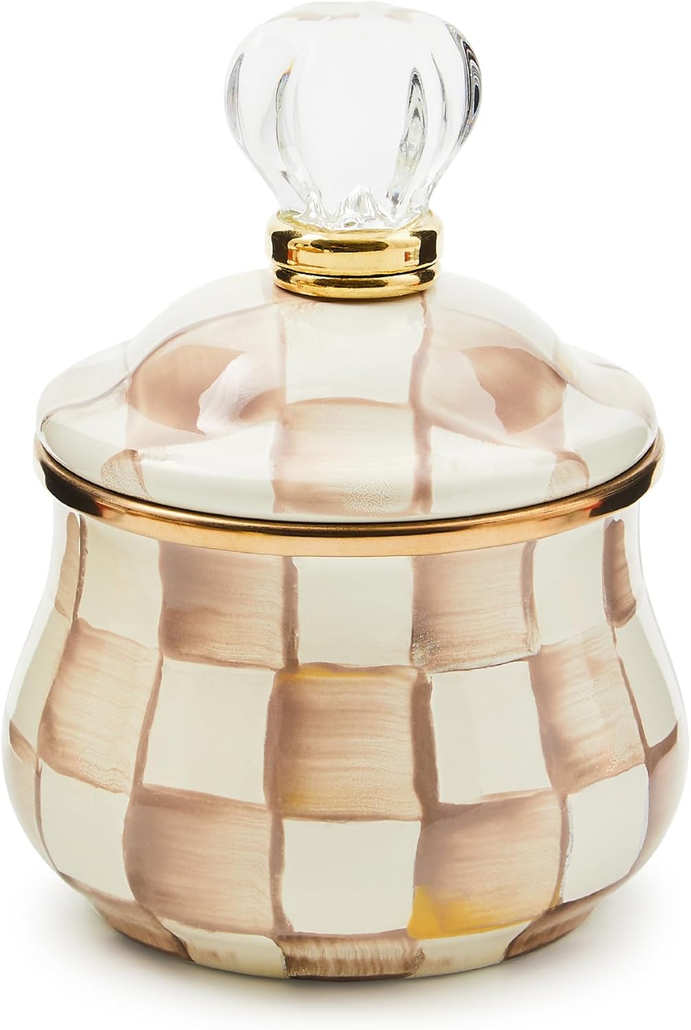 MACKENZIE-CHILDS Enamel Lidded Sugar Bowl, Small Serving Bowl with Lid, 10-Ounce Capacity, Brown-and-White Mocha Check