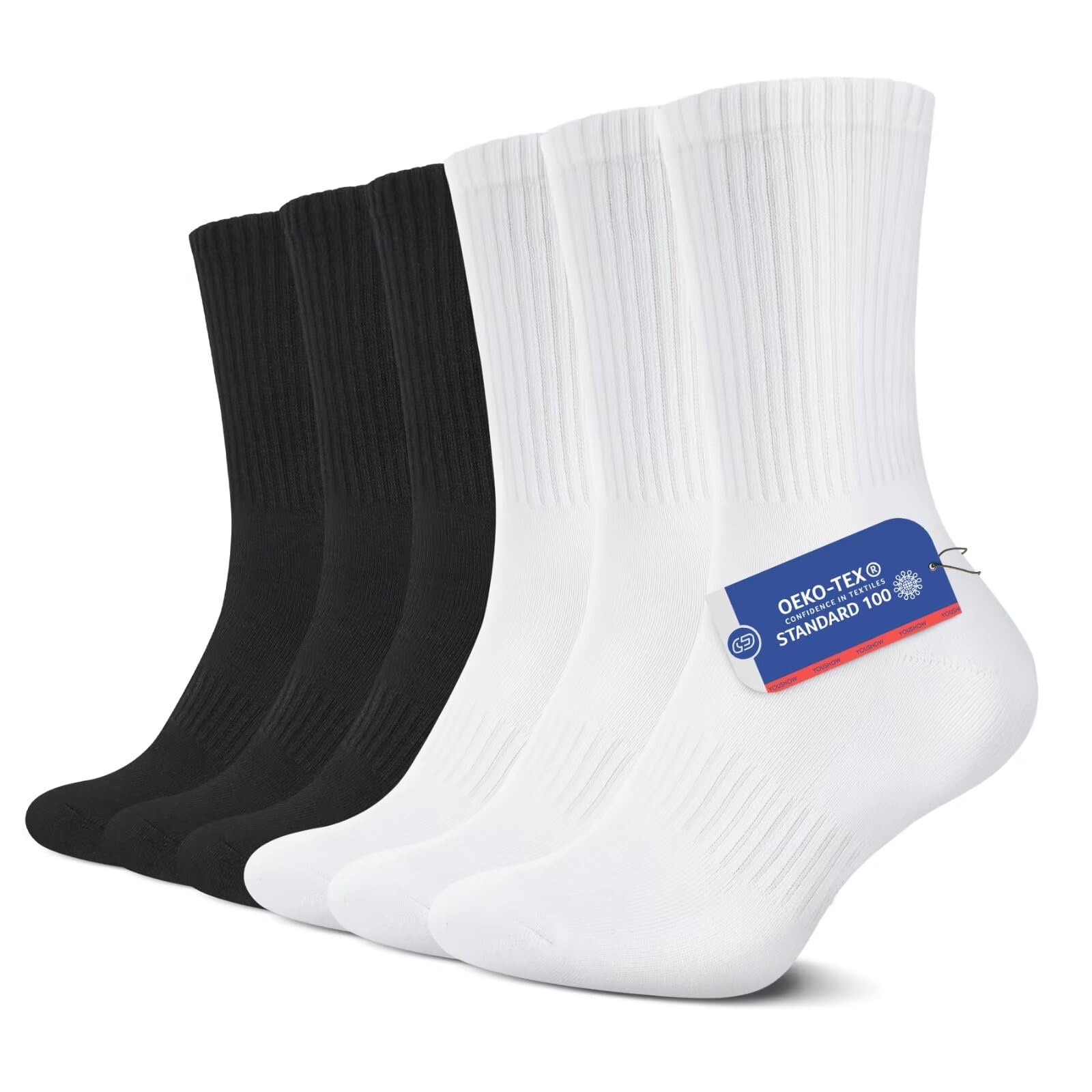YouShow 6/12 Paia Calze Uomo Donna Tennis Calzini Sportive Cotone Classico | Spugna Crew Calze da Corsa Unisex, Traspiranti, Comodi e Morbidi, OEKO-TEX, Sport Uso Quotidiano, Bianco Nero 35-50