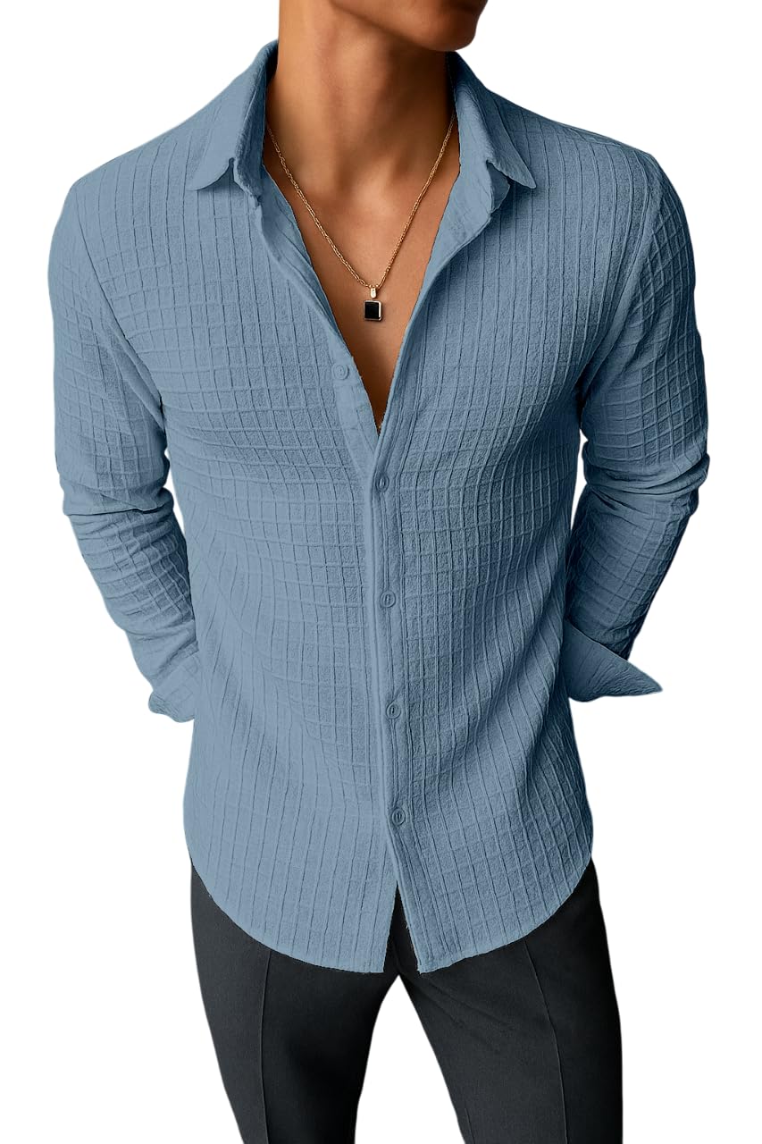Men's Casual Button Down Shirts Long Sleeve Linen Shirt Fashion Textured Beach Summer Shirts| Men Stylish Shirt | Men Fancy (in, Alpha, M, Regular, New Vine Jeel)