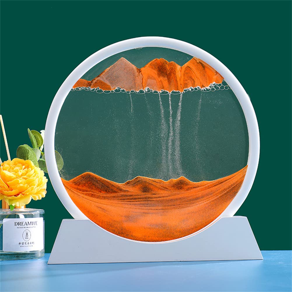 MAIYU3D Dynamic Moving Sand Art Picture Round Glass 3D Deep Sea Soundscape in Motion Display Flowing Sand Solid Wood Frame, Relaxing Desktop Home Office Work Decor (Yellow,12 inch)