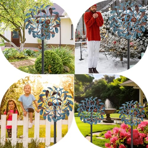 360° Wind Spinners Outdoor, Wind Sculptures Windmill with Metal Stake, Kinetic Large Metal Yard Art Decor Spinners Pinwheels for Garden Outside Patio Lawn, 63.2 * 13.2" (Blue+Brown) by Gouisalin - Image 7
